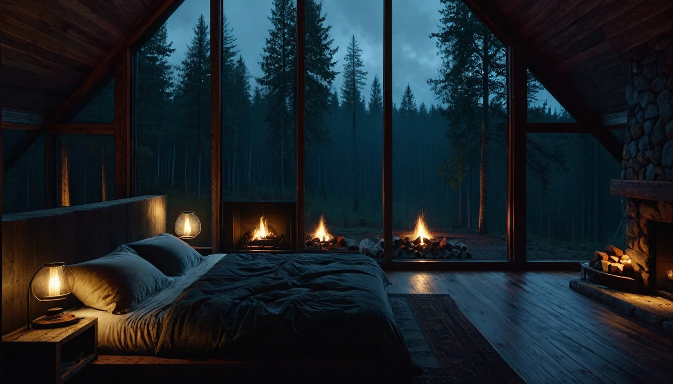 dimly lit bedroom with fireplace and wood burning bed, large windows to the forest at night, beautiful and cinematic lighting, cozy place, cryengine render 8 k, cabin in the forest, minimalist pyramid room shape, pyramid glass, very forest background dark, lots of column windows, dark, pillows and blankets, large windows, minimalist windows, lots of boxes, minimalist windows facing the forest, quiet night. the picture is original, rainy night. original rendering, stunning, rainy night, gloomy, dark gloomy cinematic lighting, atmosphere, landscape, vast forest, moody, dramatic lighting. cinematic, cinematic, atmospheric shots, gloomy weather. hyperrealistic, atmospheric rendering, rainy night, huge gloomy forest, cinematic,