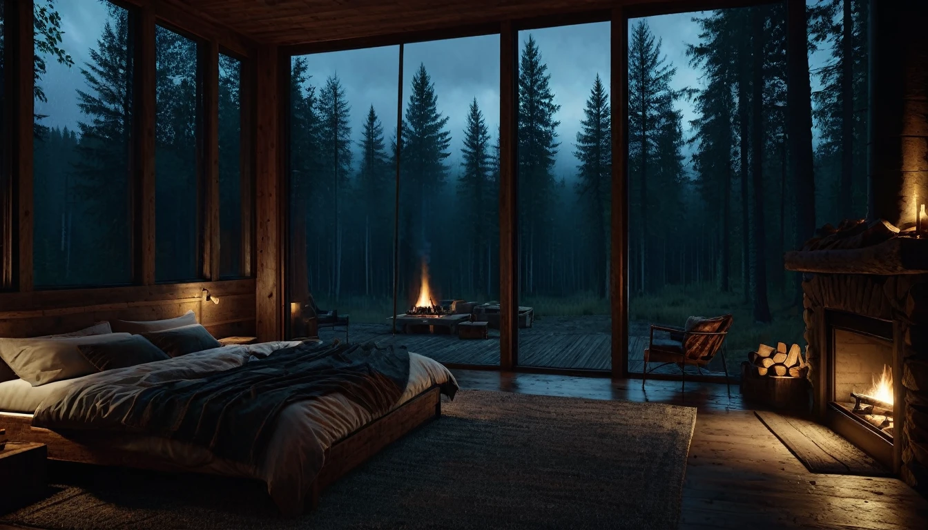 dimly lit bedroom with fireplace and wood burning bed, large windows to the forest at night, beautiful and cinematic lighting, cozy place, cryengine render 8 k, cabin in the forest, minimalist pyramid room shape, pyramid glass, very forest background dark, lots of column windows, dark, pillows and blankets, large windows, minimalist windows, lots of boxes, minimalist windows facing the forest, quiet night. the picture is original, rainy night. original rendering, stunning, rainy night, gloomy, dark gloomy cinematic lighting, atmosphere, landscape, vast forest, moody, dramatic lighting. cinematic, cinematic, atmospheric shots, gloomy weather. hyperrealistic, atmospheric rendering, rainy night, huge gloomy forest, cinematic,