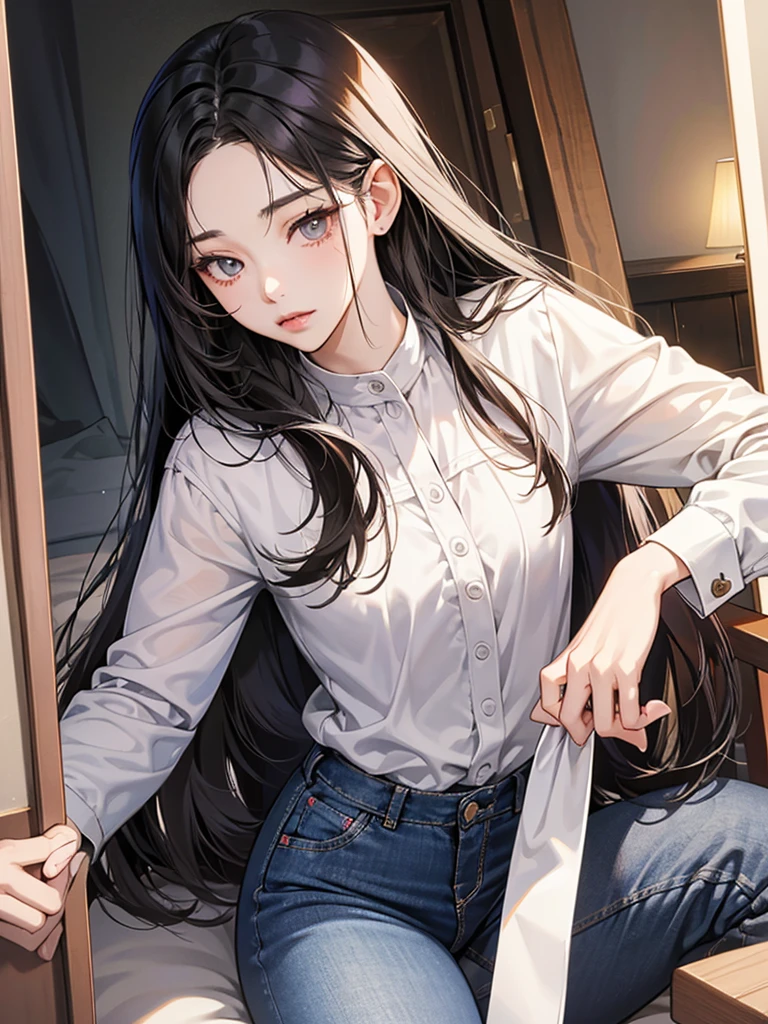 In manhwa art style, a young adult Korean woman 29s. Her hair is long and black color. Her face is oval than it is long, which carry a warm , expressive face. Her skin is radiant and clear, and her thin lips is pink. Small grey color eyes are captivating and misterios. She is wearing a jeans pants and white buttoned blouse while inside his photographic studio 