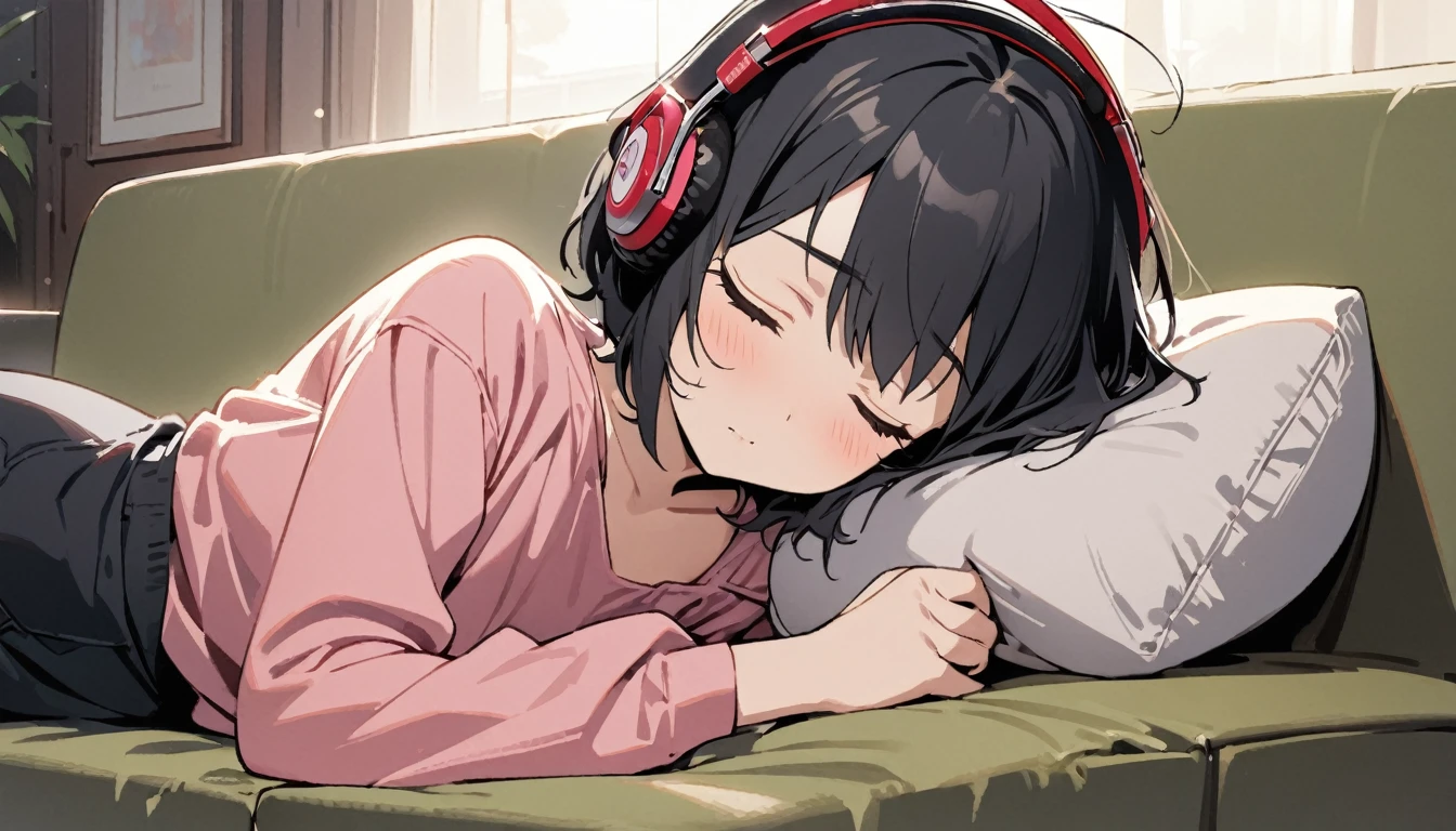 1girl, solo, flat chest, short hair, black hair, , black socks, upper body, pink shirt((masterpiece, illustration, best quality)) listening to music, close your eyes, indoors, sofa, headphones、laying on the sopha with laying her head on pillows, detailed description