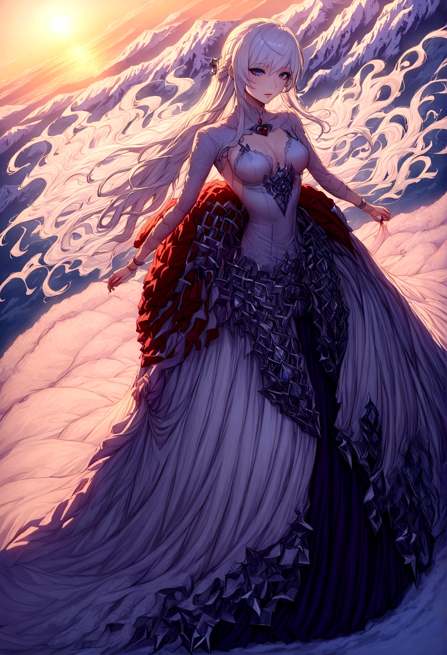 (composição perfeita, high detailed, high detailed face, 8k resolution, more detailed dress) long dress, mature woman, adult, beautiful face, white long hair, fabulous fancy purple long queen dress, closed dress, extensious dress, heels,  ice organic throne, snow mountain background, dark fantasy style, digital illustration, goddess aura, beauty aspects, gentile expressions, detailed face, very detailed, light from above holy aura, imponent prescence, light holofot, high quality shadows, sunrise light