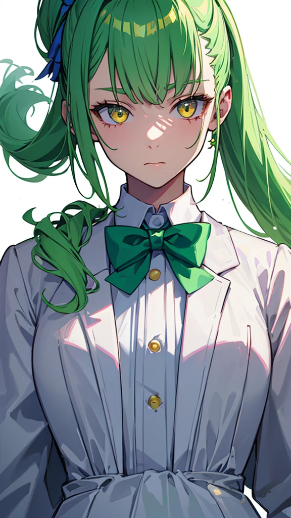 upper body,1girl,9 year old girl,green hair,yellow eyes,low ponytail,white suit,green overall,Purple bow tie,hyper detailed,cinematic lighting,detailed face,best quality,masterpiece,blue background