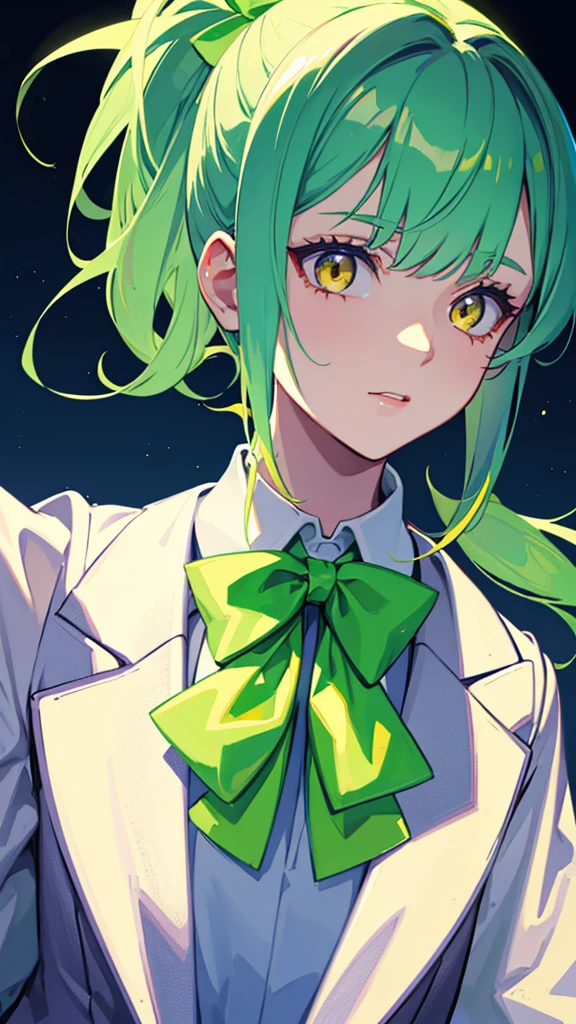 upper body,1girl,9 year old girl,green hair,yellow eyes,low ponytail,white suit,green overall,Purple bow tie,hyper detailed,cinematic lighting,detailed face,best quality,masterpiece,blue background