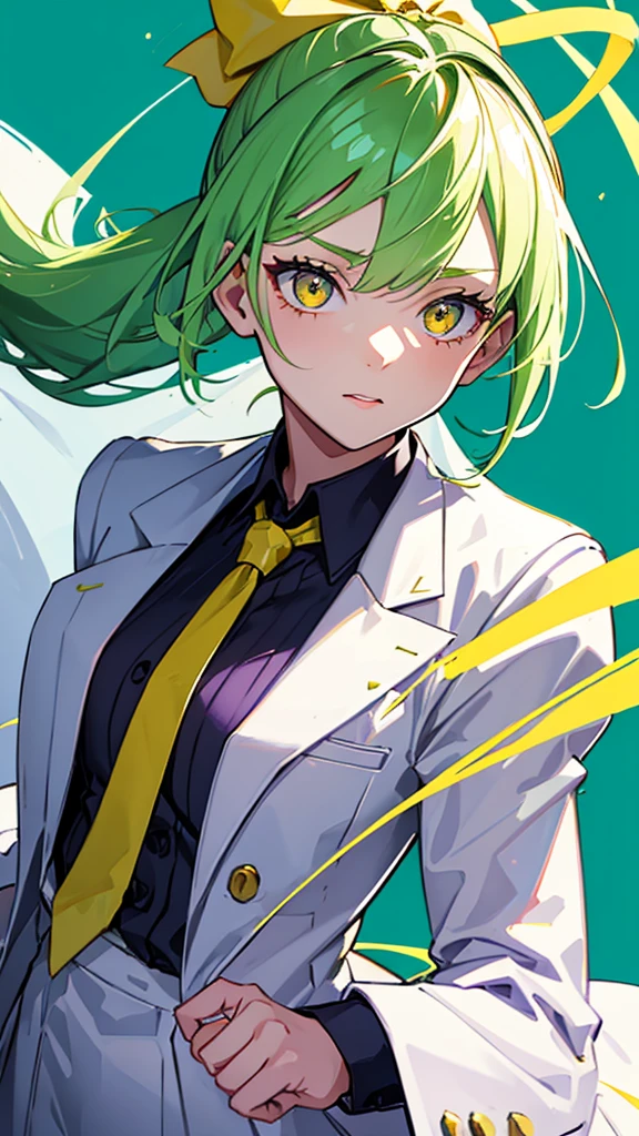 upper body,1girl,9 girl,green hair,yellow eyes,low ponytail,white suit,green overall,Purple bow tie,hyper detailed,cinematic lighting,detailed face,best quality,masterpiece,blue background