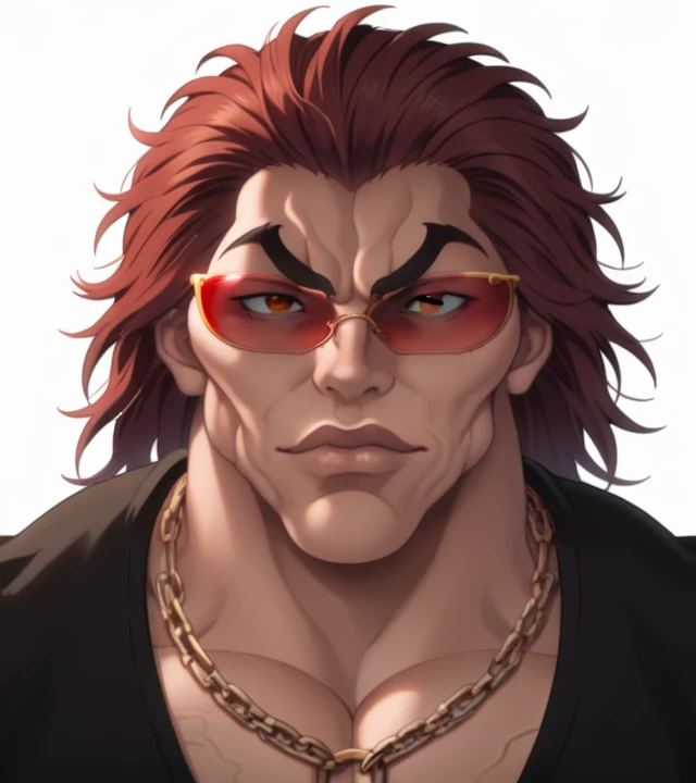 score_9, score_8_up, score_7_up, YujiroHanma, 1boy, male focus, solo, black shirt, chain necklaces, gold, sunglasses, red-tinted eyewear, muscular male, pupils, brown eyes red hair, manly, veins, dynamic lighting, extremely detailed, upper body, lips very veiny, glare, white background