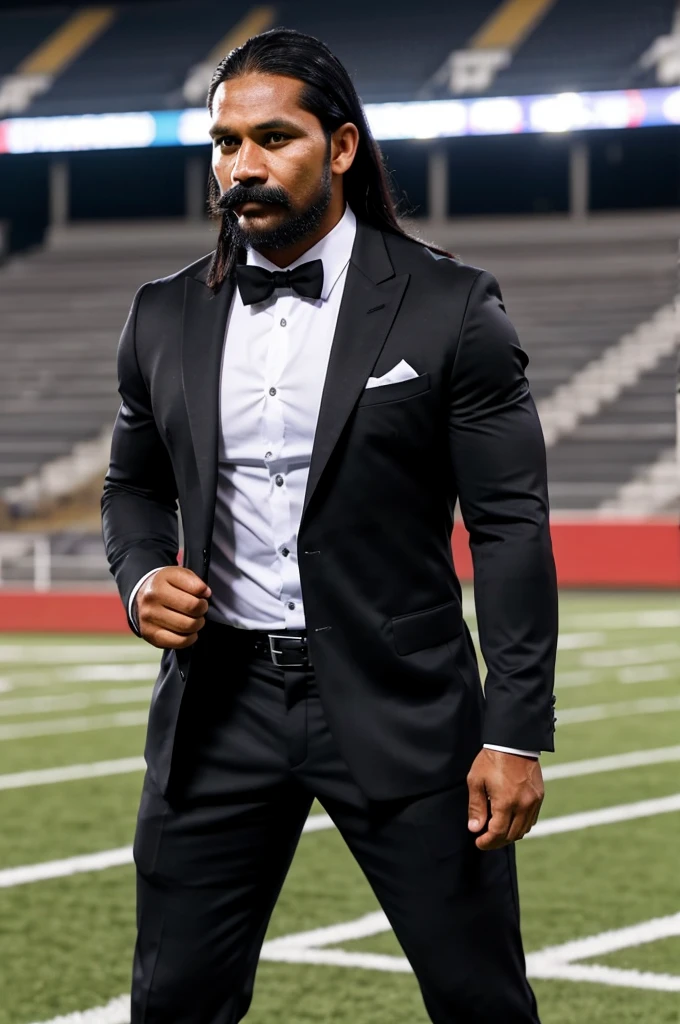 man from samoa, 30 years old, very muscular body, long black hair, football coach, handlebar moustache, at a football field, wearing black business suit