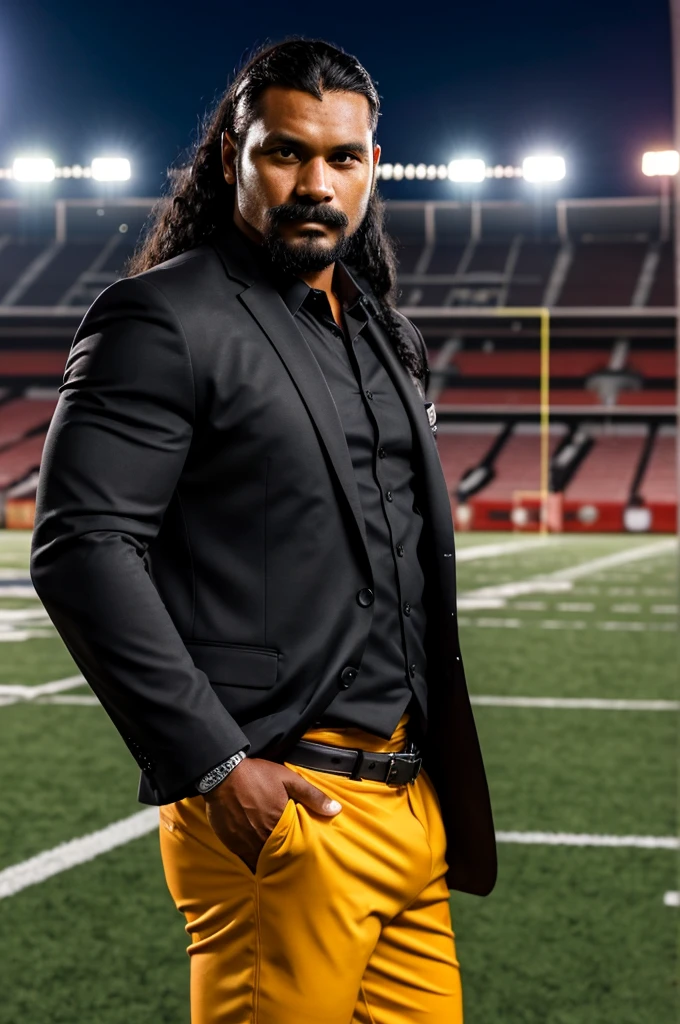 man from samoa, 30 years old, very muscular body, long black hair, football coach, handlebar moustache, at a football field, wearing black business suit