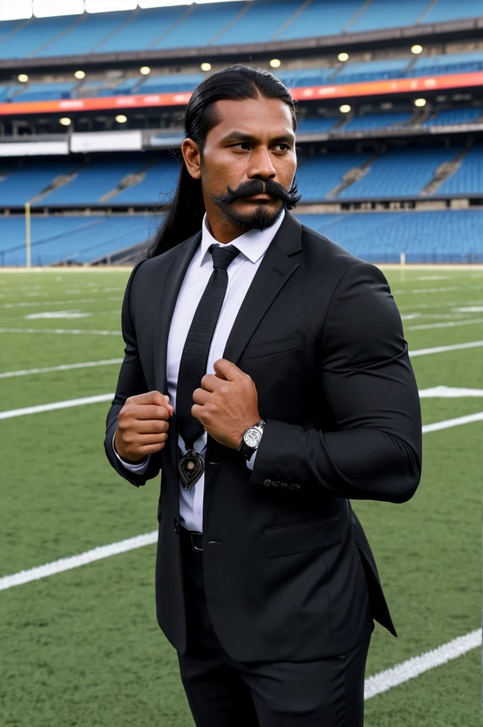 man from samoa, 30 years old, very muscular body, long black hair, football coach, handlebar moustache, at a football field, wearing black business suit