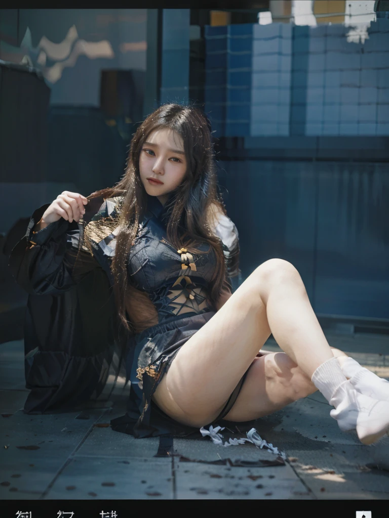 there is a woman sitting on the floor with a fan, full body xianxia, from lineage 2, inspired by Leng Mei, anime girl cosplay, trending on cgstation, by Yang J, anime cosplay, sun yunjoo, yun ling, sakimichan, zhongli from genshin impact, iu lee ji-eun as a super villain, wonyoung face, ive, kpop, asian face