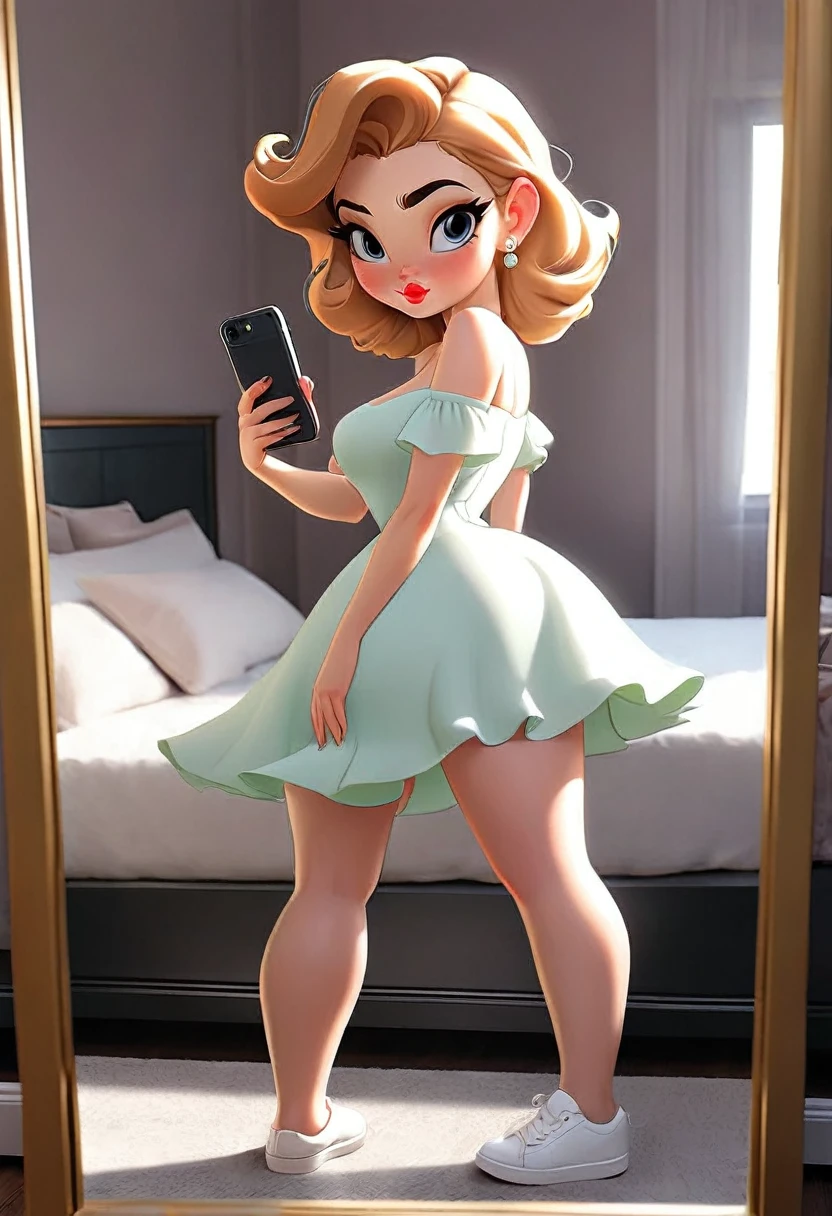 Big ass white girl, big legs, small waist, with long dress, taking full body selfie in the mirror
