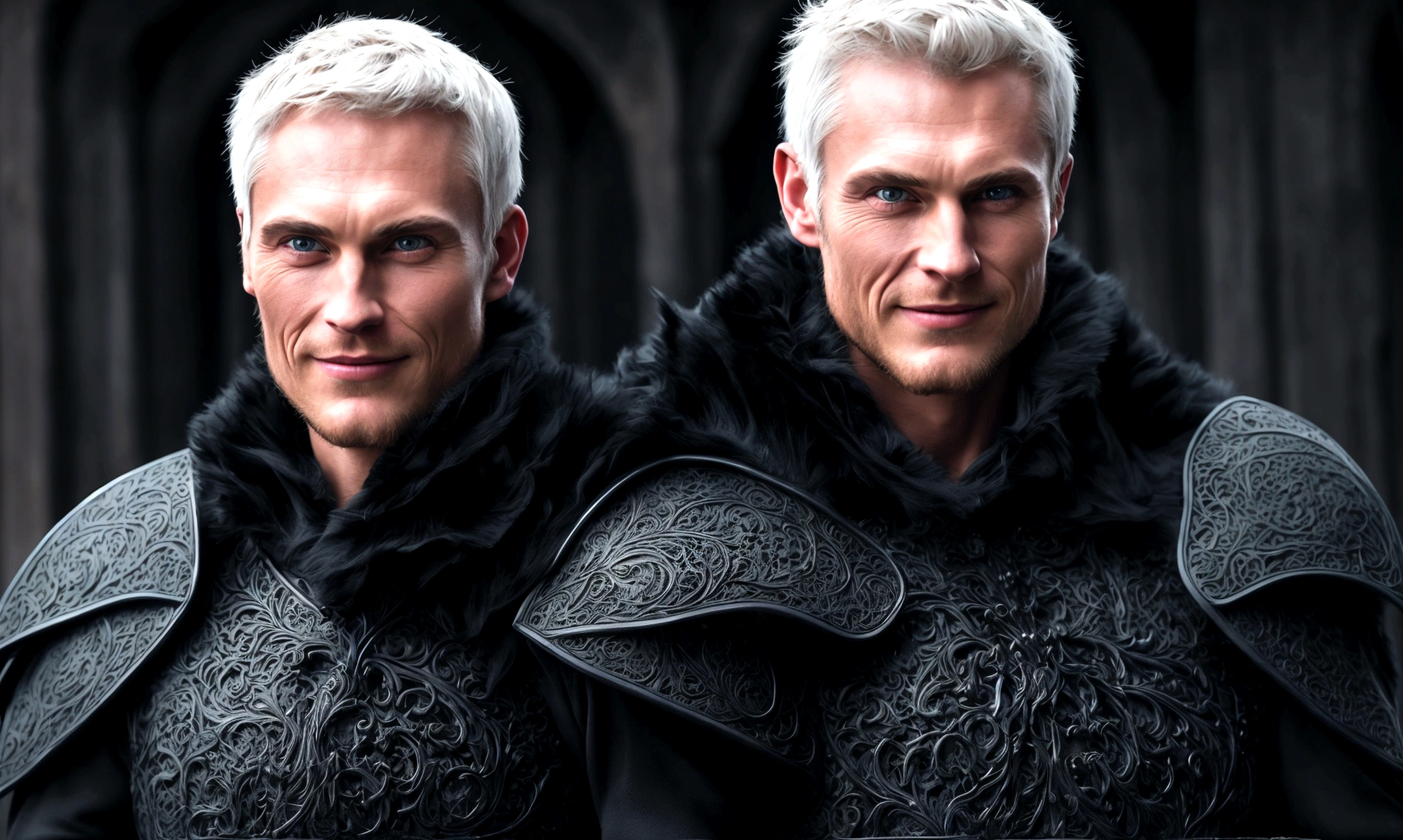 realistic, 1 person, mature man, A quiet and charming young man, 30 years old, smile, gag, Portrait, Highly detailed face, 寒さとsmile, ((blue eyes)), ((black short hair)), [Thick eyebrows], dark palace, ((black long coat)), ((all black)), (blue eyes) ,Short Black Quiff Hair with Soft Fringe, handsome , muscle, Facial expressions, Black Knight Armor , black fur shawl(Masterpiece,best quality,special, (Broad shoulders)) (muscle)