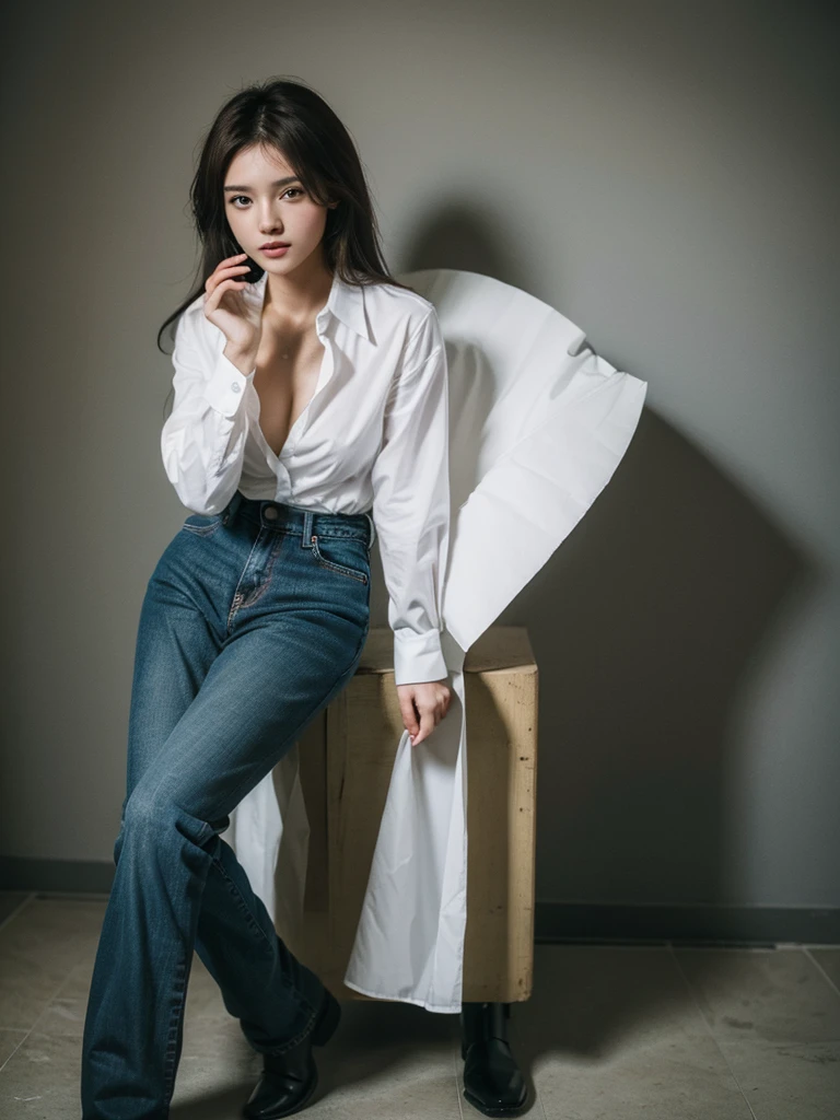 ((Highest quality, 8K, masterpiece :1.3)), Sharp focus :1.2, Beautiful woman with perfect figure :1.4, 1 Girl,Slim Abs :1.2, ((Dark brown hair,chest :1.2)), (White long formal shirt)(Unbutton your shirt.), Gray background:1.2, Highly detailed face and skin texture, fine grain, double eyelid,Beautiful Hands,Five Fingers,Fashion model posing,Full body portrait,Cowboy Shot,jeans,Cast a Shadow,