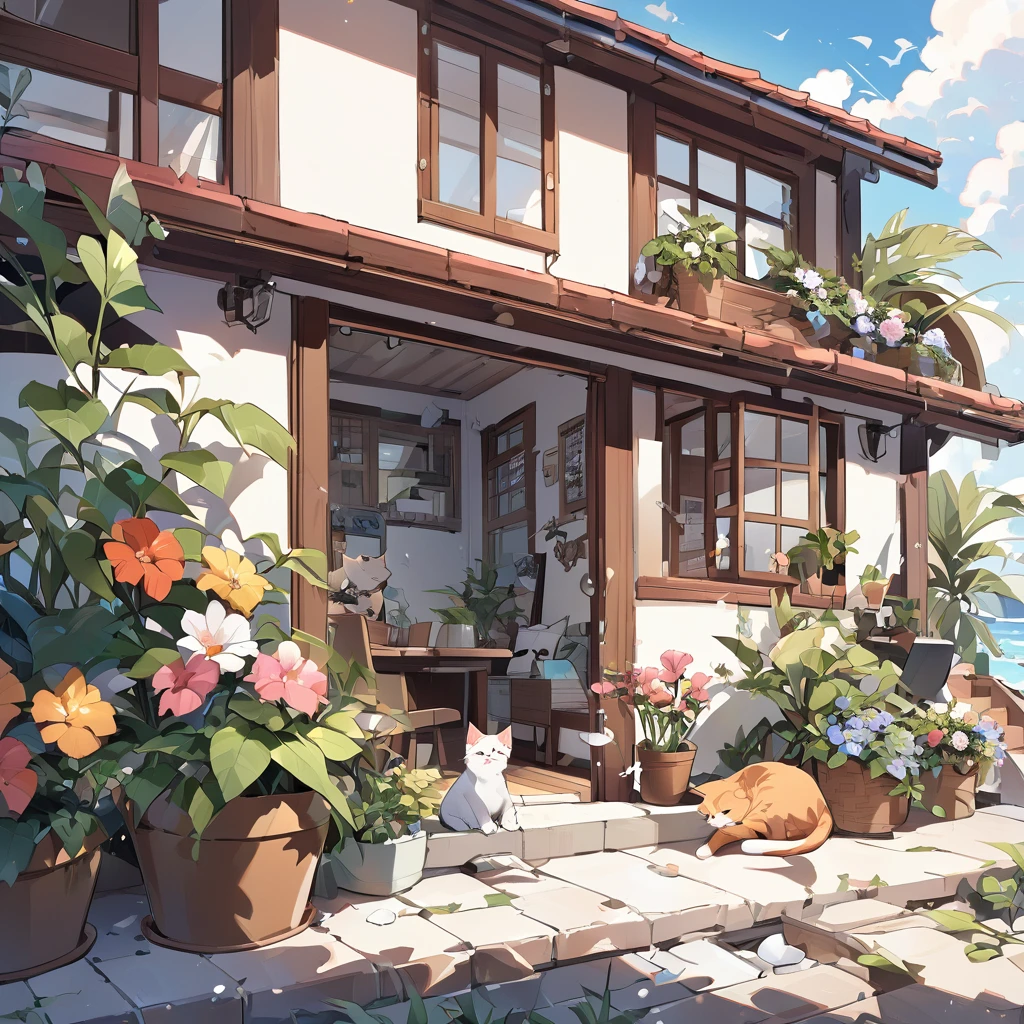 Seaside brick house、A very cute  is playing with a cat、Foliage plant、Beautiful flowers、