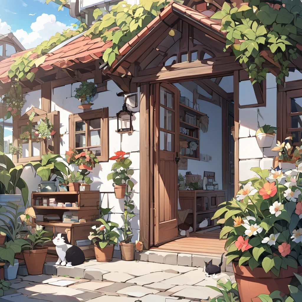 Seaside brick house、A very cute  is playing with a cat、Foliage plant、Beautiful flowers、