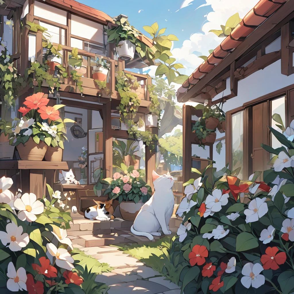 Seaside brick house、A very cute  is playing with a cat、Foliage plant、Beautiful flowers、