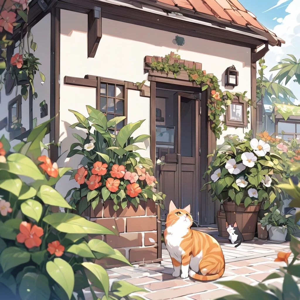 Seaside brick house、A very cute  is playing with a cat、Foliage plant、Beautiful flowers、