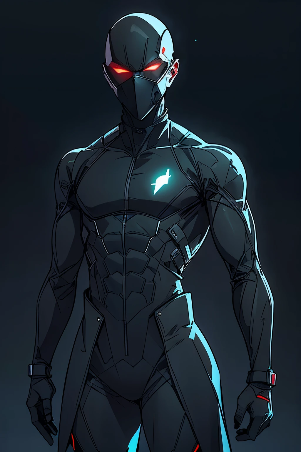 generate a guy in a futuristic hitman costume, he has a bald headed mask that covers his whole face leaving his mouth and eyes showing only, simple all black clothing, his suit has trailed lines of glowing light around it, he has a utility gear, comic style anime bold lines