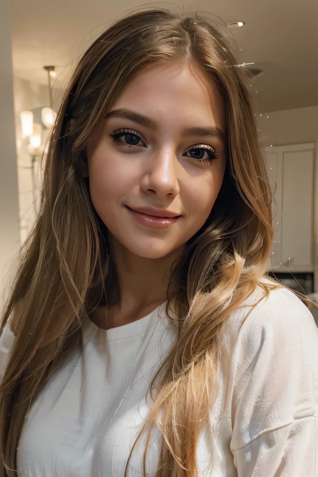 masterpice, (best quality), (Epic realism) (Quality 1084p) (Perfect lighting) (Human look) ((best detailed)), depth of field, a beautiful girl, beautiful face, blonde long straight hair, zoom to face, dark brown eyes, shy smile ((realistic)), very zoom on face, sleep shirt, soft eyeliner