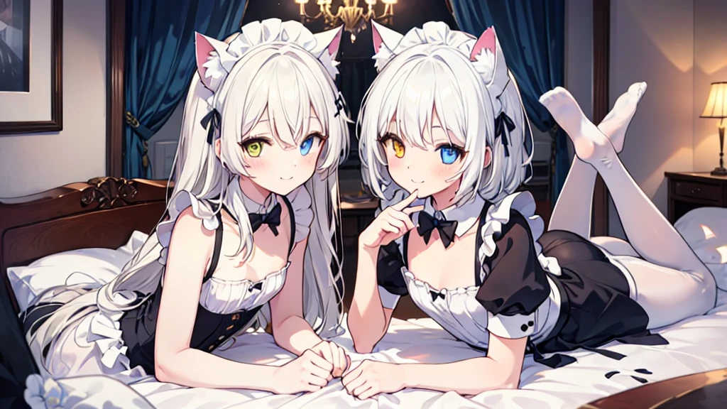 Maid costume，White pantyhose，White hair，Long hair，Cat ear，Heterochromia blue-yellow，Smile，Female face，There are bright spots in the eyes，Female hands，White little hands，Normal fingers，flat chest，2 people，in the room，Lying in bed，One of them lies on top of another