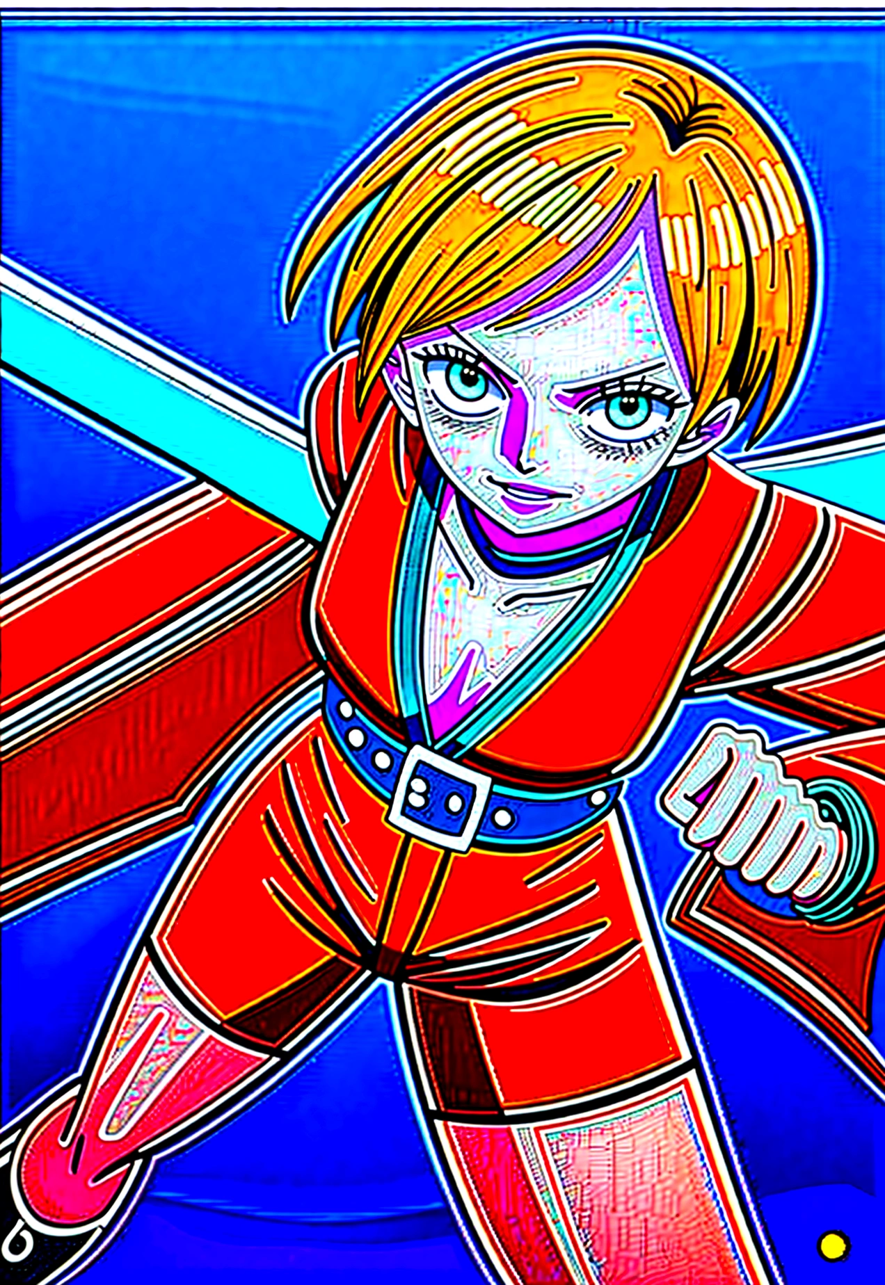 Anny D. Rouge has long vibrant red hair, inherited from Shanks, and intense green eyes. His presence is striking, with a tall and slender build. Wear a red leather jacket, with gold details, over a fitted black blouse. Your pants are tight and dark, secured by a belt with a skull-shaped buckle. Wears black knee-high boots and fingerless gloves. Wields a katana dexterously, combining Shanks' technical elegance with his own strength and agility. Has a natural talent for Observation Haki, making her a formidable swordsman. But she always smiles and has a braver reassuring look on her face and she is 19 years old