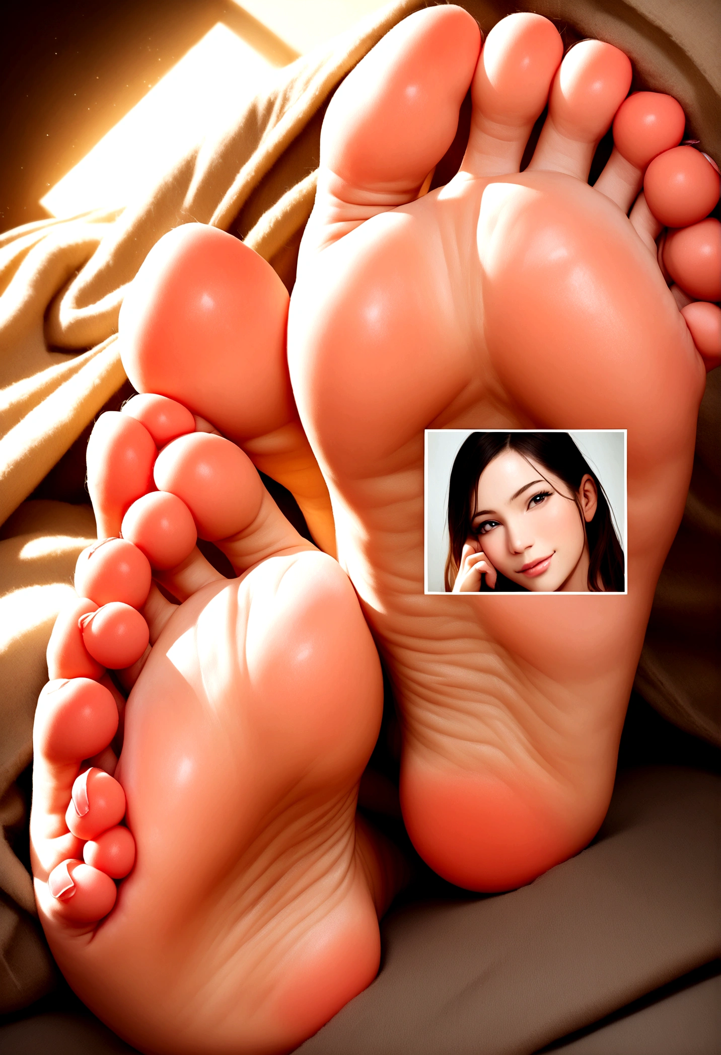 Erotic photo of a foot on a blanket. The photo must be simple and realistic 