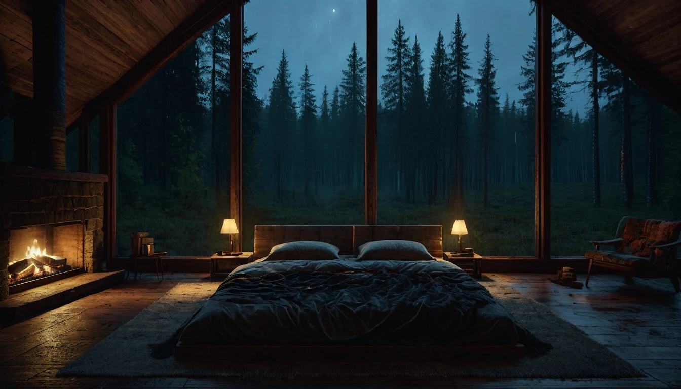 
dimly lit bedroom with fireplace and wood burning bed, large windows to the forest at night, beautiful and cinematic lighting, cozy place, cryengine render 8 k, cabin in the forest, minimalist pyramid room shape, pyramid glass, very forest background dark, lots of column windows, dark, pillows and blankets, large windows, minimalist windows, lots of boxes, minimalist windows facing the forest, quiet night. the picture is original, rainy night. original rendering, stunning, rainy night, gloomy, dark gloomy cinematic lighting, atmosphere, landscape, vast forest, moody, dramatic lighting. cinematic, cinematic, atmospheric shots, gloomy weather. hyperrealistic, atmospheric rendering, rainy night, huge gloomy forest, cinematic,