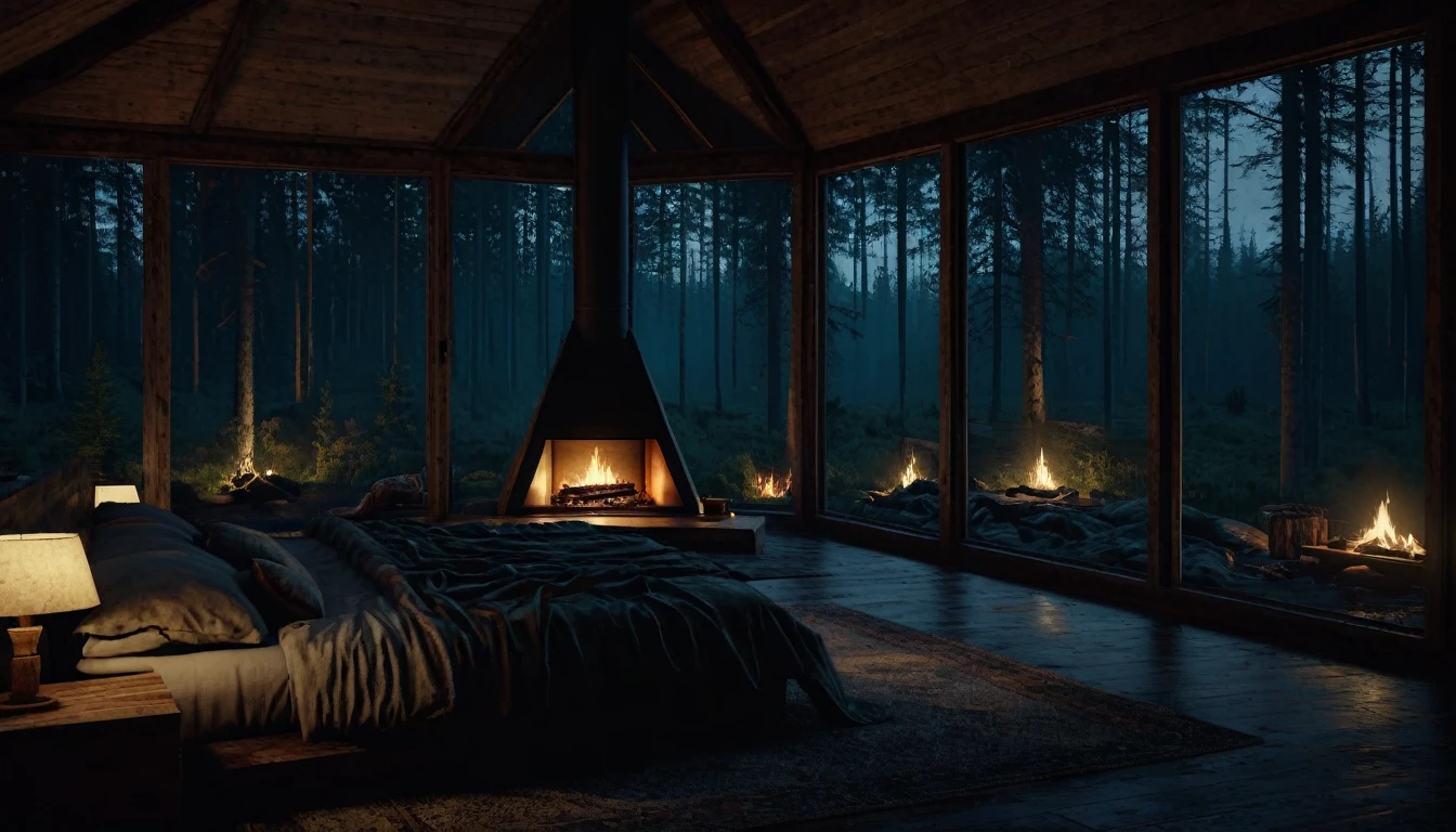 dimly lit bedroom with fireplace and wood burning bed, large windows to the forest at night, beautiful and cinematic lighting, cozy place, cryengine render 8 k, cabin in the forest, minimalist pyramid room shape, pyramid glass, very forest background dark, lots of column windows, dark, pillows and blankets, large windows, minimalist windows, lots of boxes, minimalist windows facing the forest, quiet night. the picture is original, rainy night. original rendering, stunning, rainy night, gloomy, dark gloomy cinematic lighting, atmosphere, landscape, vast forest, moody, dramatic lighting. cinematic, cinematic, atmospheric shots, gloomy weather. hyperrealistic, atmospheric rendering, rainy night, huge gloomy forest, cinematic,