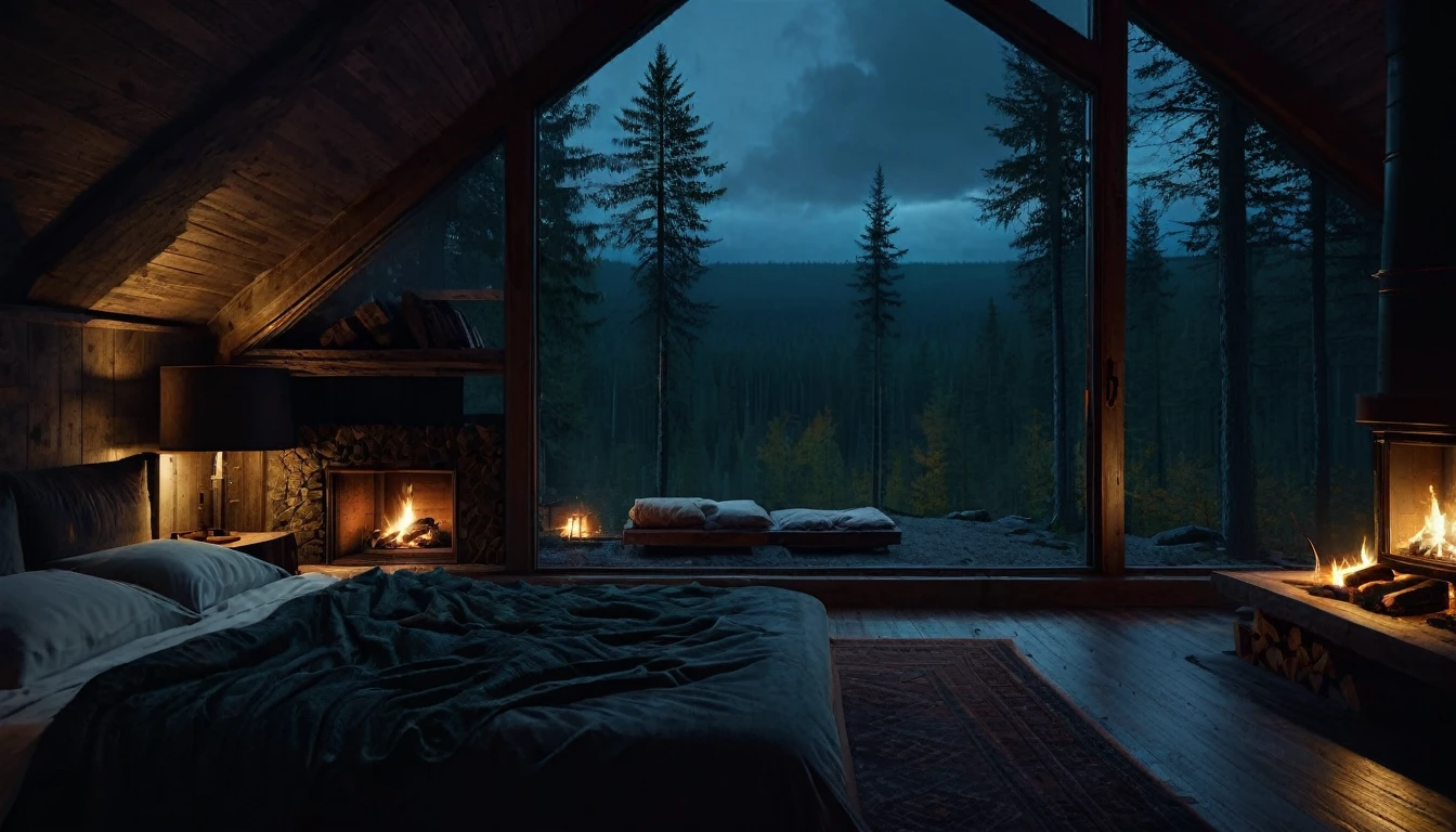 dimly lit bedroom with fireplace and wood burning bed, large windows to the forest at night, beautiful and cinematic lighting, cozy place, cryengine render 8 k, cabin in the forest, minimalist pyramid room shape, pyramid glass, very forest background dark, lots of column windows, dark, pillows and blankets, large windows, minimalist windows, lots of boxes, minimalist windows facing the forest, quiet night. the picture is original, rainy night. original rendering, stunning, rainy night, gloomy, dark gloomy cinematic lighting, atmosphere, landscape, vast forest, moody, dramatic lighting. cinematic, cinematic, atmospheric shots, gloomy weather. hyperrealistic, atmospheric rendering, rainy night, huge gloomy forest, cinematic,