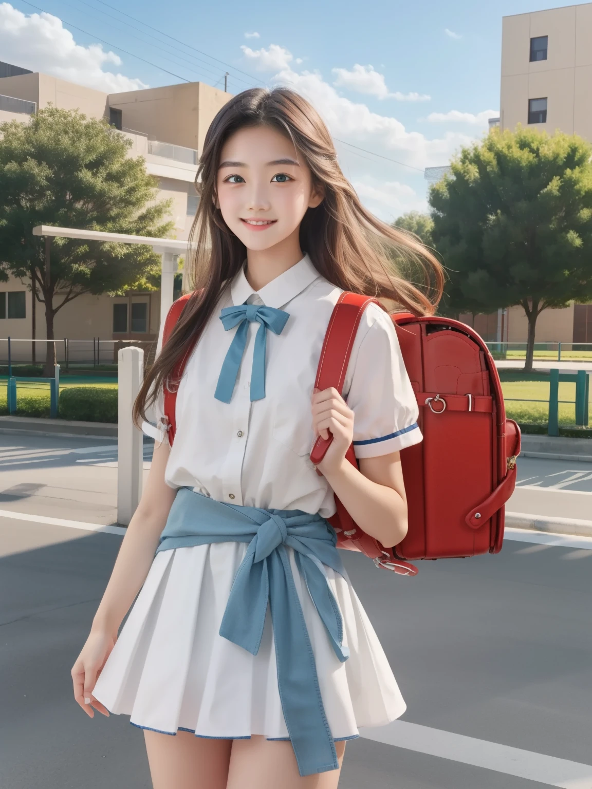 Masterpiece, hd, realistic, Brown, high school student, green eyes, long hair to the waist, elementary school student, white clothes, white miniskirt, kind smile, park, short, 20 years old, 160 cm tall, blue sky, red backpack, hair hanging outside