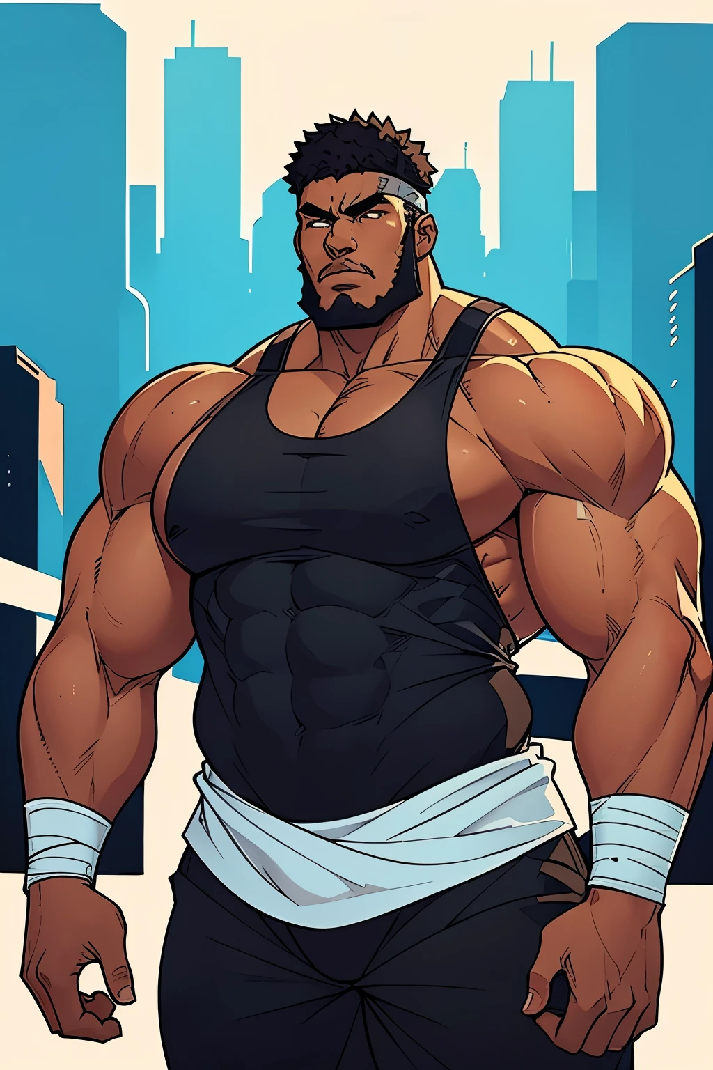 generate a big black muscular guy with a white tank top, and buff wide shoulders, with bandages round his arms, comic style anime bold lines