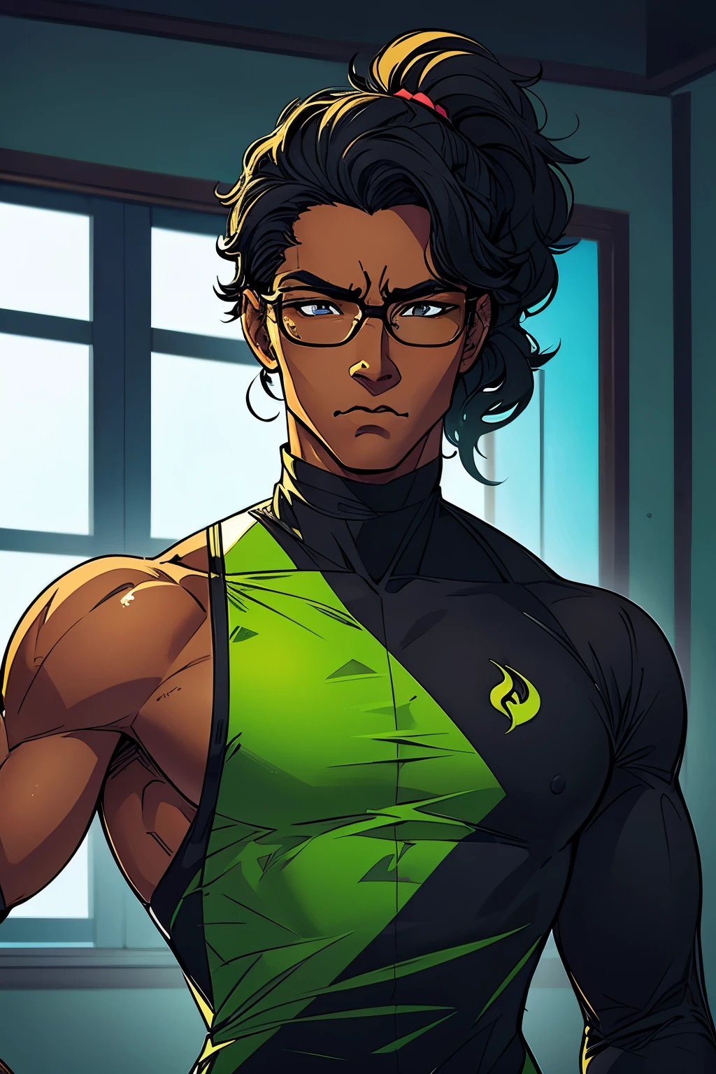 generate a black guy with glasses, pony tail black hair, he is light caramel skinned, wears a costume that is dark green and black, his costume has a logo that signifies duplicate, sharp and smart looking, has a modern outfit and vibecomic style anime bold lines