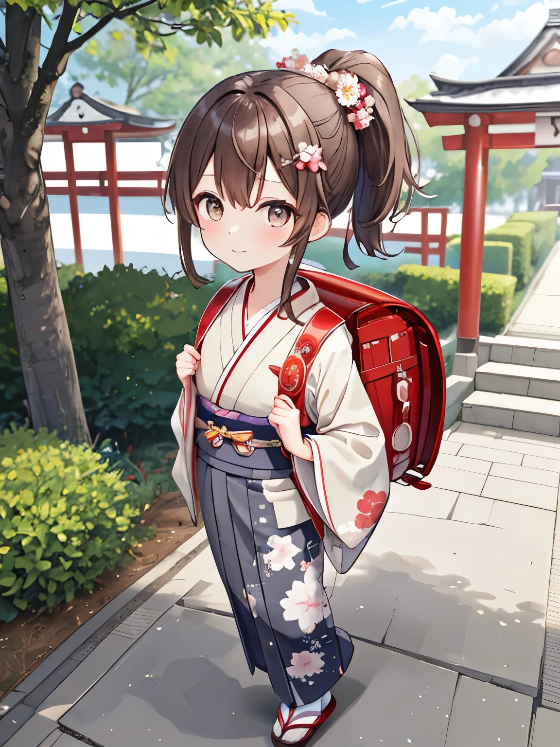 Masterpiecd, hd, , Portrait, Best Quality, High resolution, 1girl, brown hair, ponytail, hair ornaments, hair ribbon, carrying a school backpack、(school backpack:1.1), Wearing a Japanese kimono at a summer festival at a shrine, (kimono:1.1), outdoor, standing, full body