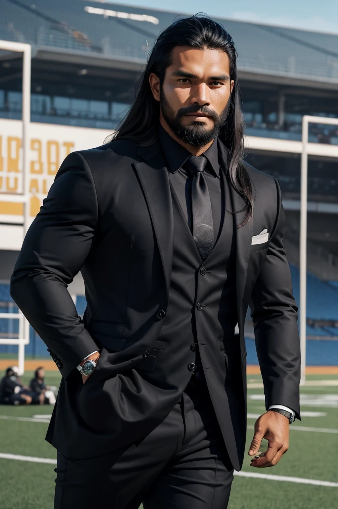 man from samoa, 30 years old, very muscular body, long black hair, football coach, beard, at a football field, wearing black business suit