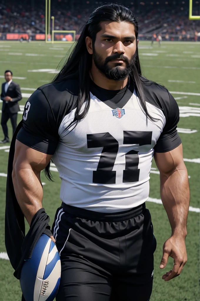 South asian man in black football jersey and football tights, long hair curly,  super sexy, massive erection bulge,  line visible, soft jersey material, location maldives. All the clothes and hair wet, in the rain. Pose sitting , alpha man, dominant look, mouth open, angry face expression