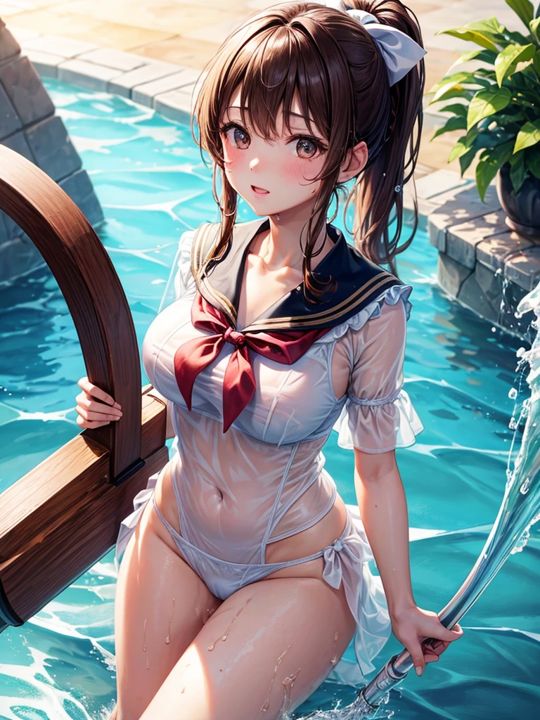 high resolution、high quality、masterpiece、detailed、1 female、Brown Hair、ponytail、ribbon、Summer sailor uniform、Big Breasts、Poolside、Holding a water hose、Clothes are see-through when they get wet、
