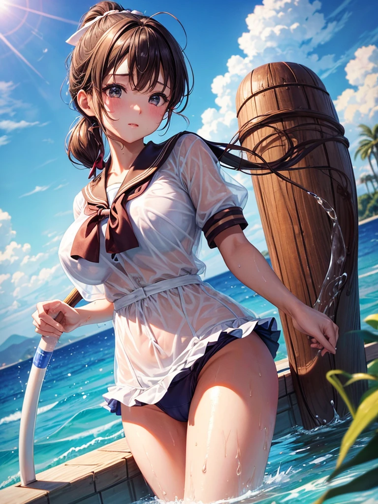 high resolution、high quality、masterpiece、detailed、1 female、Brown Hair、ponytail、ribbon、Summer sailor uniform、Big Breasts、Poolside、Holding a water hose、Clothes are see-through when they get wet、