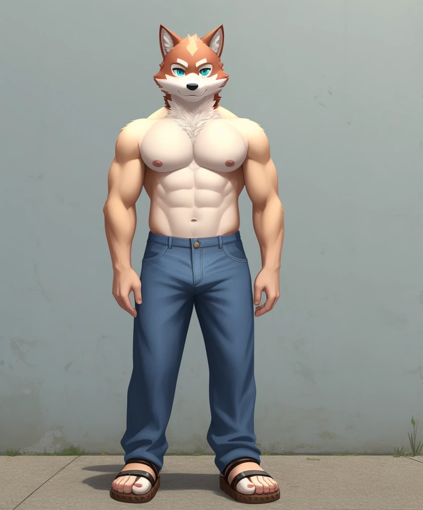 Anthropowolf man in white underwear, shirtless, knee-length denim trousers, brown sandals,