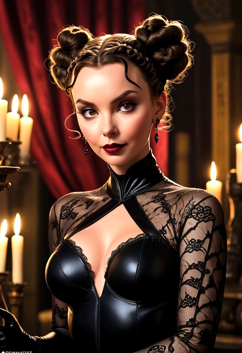 Full body shot Jodie Comer catwoman, ringlets wavy five feet long black hair, updo hairstyle with ponytail on one side and long hairpins holding the bun long braid, strong thighs, dark red glossy lips, heavy black eye shadow long black eyeliner, long sharp claws, black lace beautiful and creative catwoman bodysuit with no jewels, huge cleavage, clear ears no earrings, no earrings, no earrings, no earrings, no jewels, beautiful forehead lace ornament, posing in a feminine catwoman den, happy expression, dark ambience night time candle lights. No faces on her chest!
