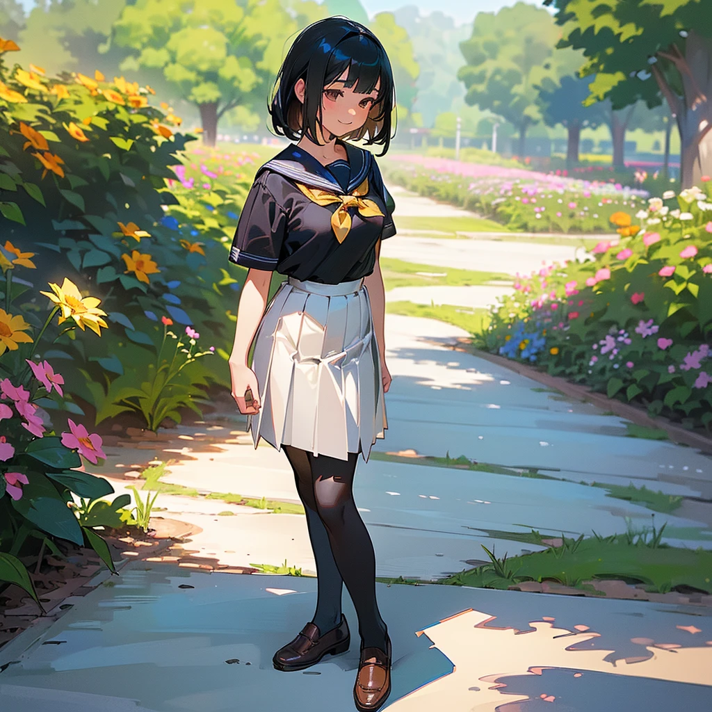 (Highest quality, High resolution, Super detailed, Realistic:1.37), Peaceful atmosphere, (Outdoor, garden), Teenage girl standing alone,(my breasts are big.),Beautifully detailed features, Cute Smile, ((Black bob hair)),Short-sleeved sailor uniform, Pleated skirt,Black tights,Brown leather shoes.