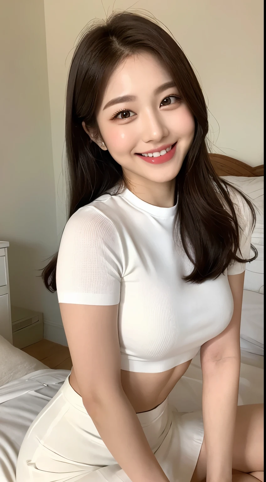 White tight shirt、White tight skinny mini skirt、bed、smile、Short sleeve、high resolution、Korean idol face、double eyelid、White teeth、Medium Hair