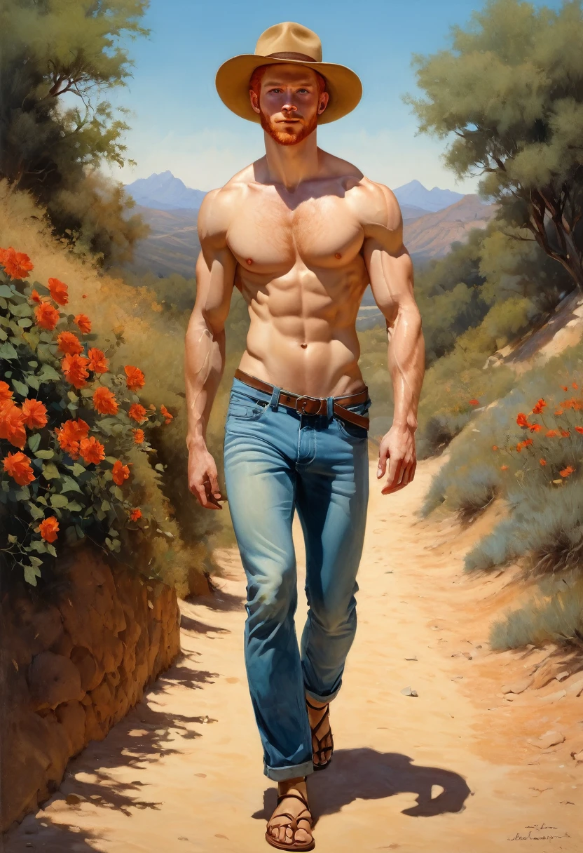 1 latino man walking next to a ginger man in a pathway by Aaron Horkey and Jeremy Mann, masterpiece, best quality, Photorealistic, ultra-high resolution, photographic light, illustration by MSchiffer, fairytale, Hyper detailed A mixture of photography and painting, simetryc Composition, Perfect Divine Proportione, 8k resolution fullbody image,(( view from the front)) full body, oil painting A young man, white skin, ginger, barbed, hairy body, thin face, straight nose, thin lips, square chin, large light blue eyes, short red wavy hair, in roberto ferri style, aesthetic slim athletic body, ginger realistic skin, gorgeous, detailed tonned muscles, barefoot, perfect anatomy, muscled fitness body, Young man, perfect anatomy, , energetic splendid, Barefoot, naked, small flacid penis, slim and detailed muscles, shirtless, pantless, fullbody, wearing jeans, shirt, boots, hat, sandals, the composition of shadows and lights give an atmosphere of spaciousness, he is walking on a mountaing pathway with flowers smiling pastel colors intrincated detailed scenario in the backgroound, mountain pathway, trees, pastel flowers, small brown dog