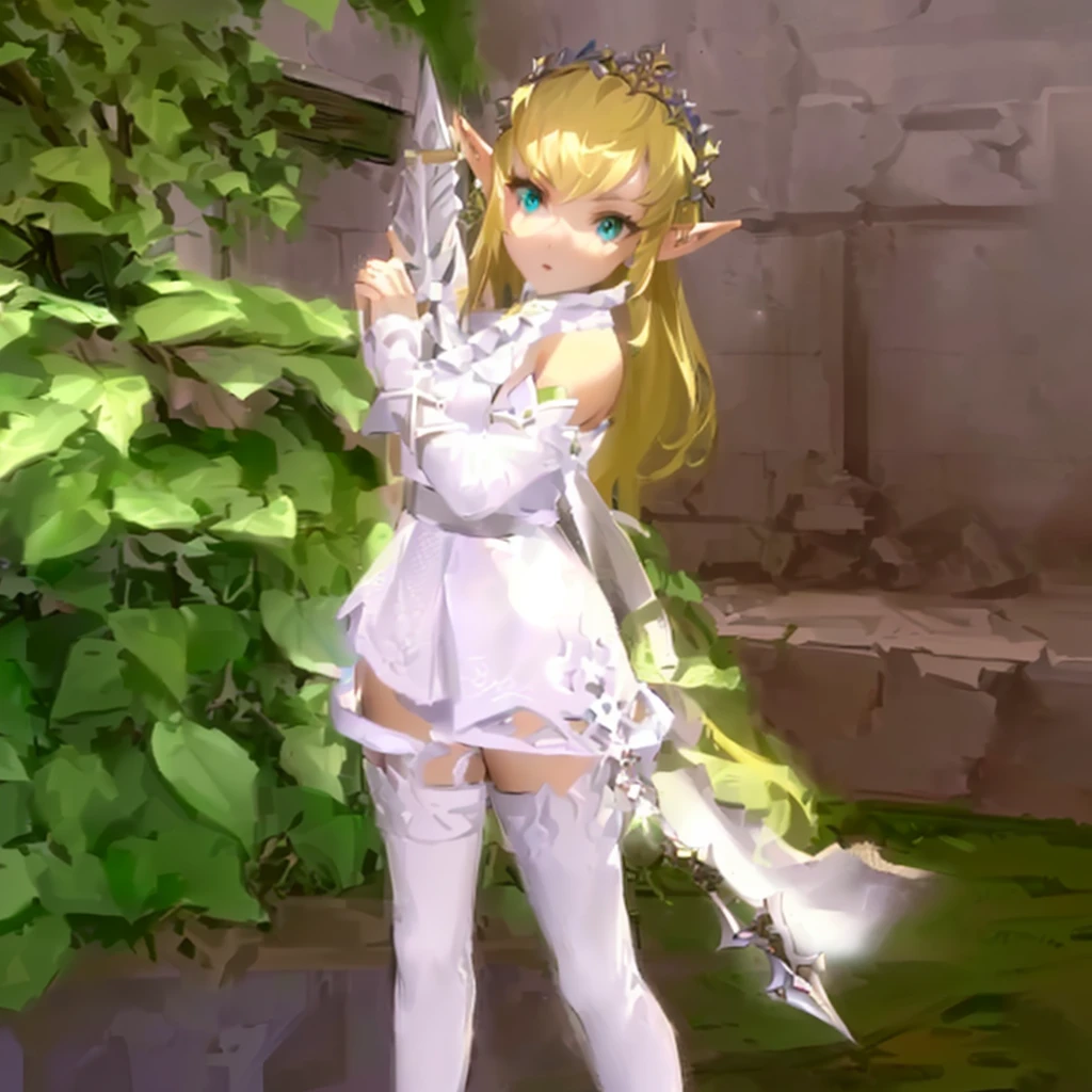 hair slicked back, there is a woman in a white dress holding a sword, elf princess, alluring elf princess knight, elf princess knight, elf girl, (((mad))) elf princess, ragnarok online, elf girl wearing an flower suit, lalafell, she has elf ears and gold eyes, elven princess, an elf queen, glossy white armor, pixie character