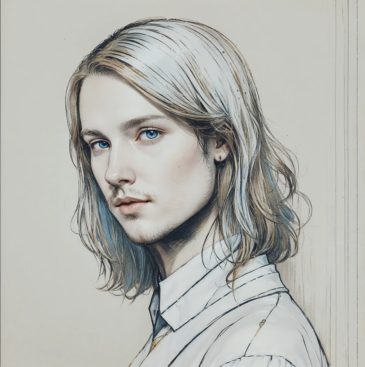 Portrait of Christopher Marlowe, extremely detailed face, white skin, piercing icy blue eyes, silky golden-brown hair, refined features, charp jawline, clean shaved, black Elizabethan velvet jerkin, white laced shirt, Art Nouveau style, Mucha style, Mucha background, realism, high quality