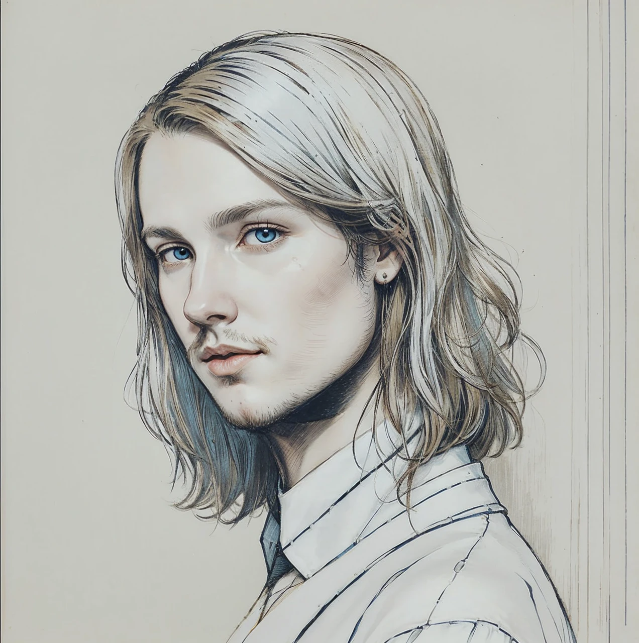 Portrait of Christopher Marlowe, extremely detailed face, white skin, piercing icy blue eyes, silky golden-brown hair, refined features, charp jawline, clean shaved, black Elizabethan velvet jerkin, white laced shirt, Art Nouveau style, Mucha style, Mucha background, realism, high quality