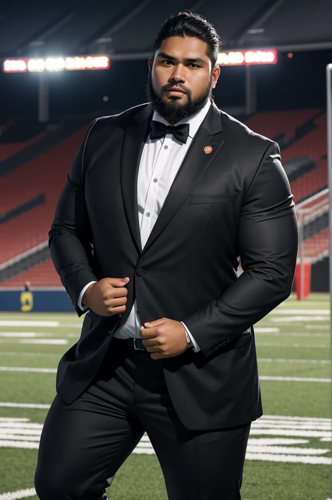 man from samoa, 30 years old, obese body, long black hair, football coach, beard, at a football field, wearing black business suit