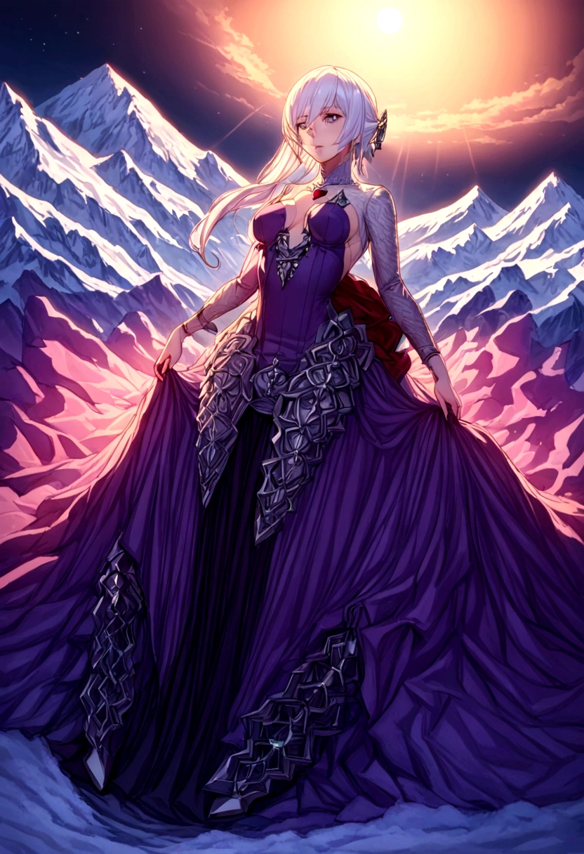 (composição perfeita, high detailed, high detailed face, 8k resolution, more detailed dress) long dress, mature woman, adult, beautiful face, white long hair, fabulous fancy purple long queen dress, closed dress, extensious dress, heels,  sitted in a ice organic throne, snow mountain background, dark fantasy style, digital illustration, goddess aura, beauty aspects, gentile expressions, detailed face, very detailed, light from above holy aura, imponent prescence, light holofot, high quality shadows, sunrise light