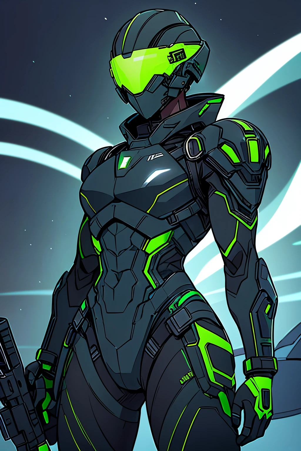 Generate soldiers for a black skinned army force slick unique army suits, with top tier futuristic gun and gadget and gear, comic style anime bold lines, Add a holographic visor male costume, it should have green, black white in its colour scheme