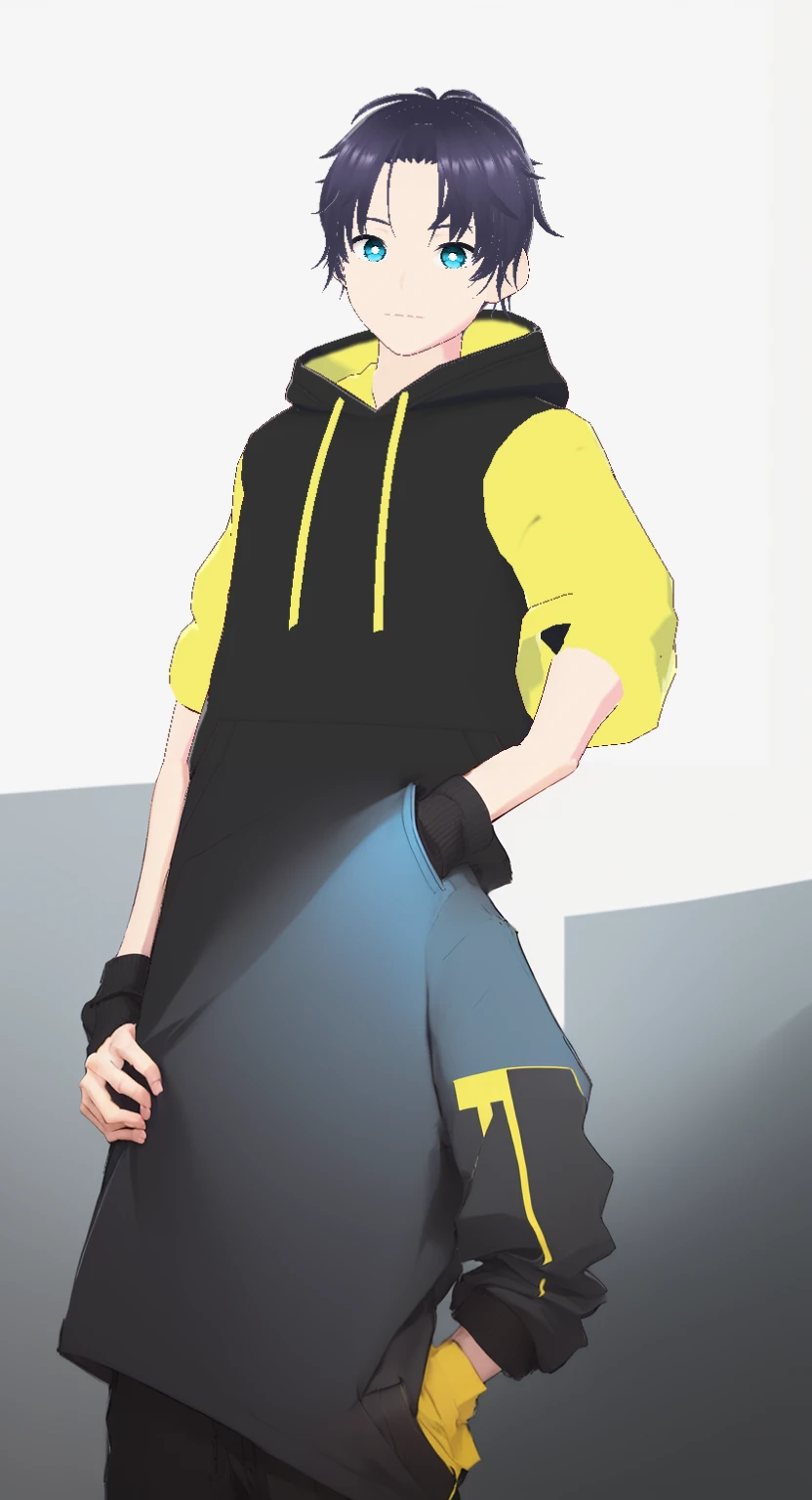 An anime-style cool young man, short dark black hair with light blue and yellow accents, sharp blue eyes, loosely combed-back hairdo, loosely swept back hairdo, visible forehead, summer black short sleeve hoodie with vivid yellow accents, beige loose pants, standing straight, holding a laptop PC, electronic near-future vibe.