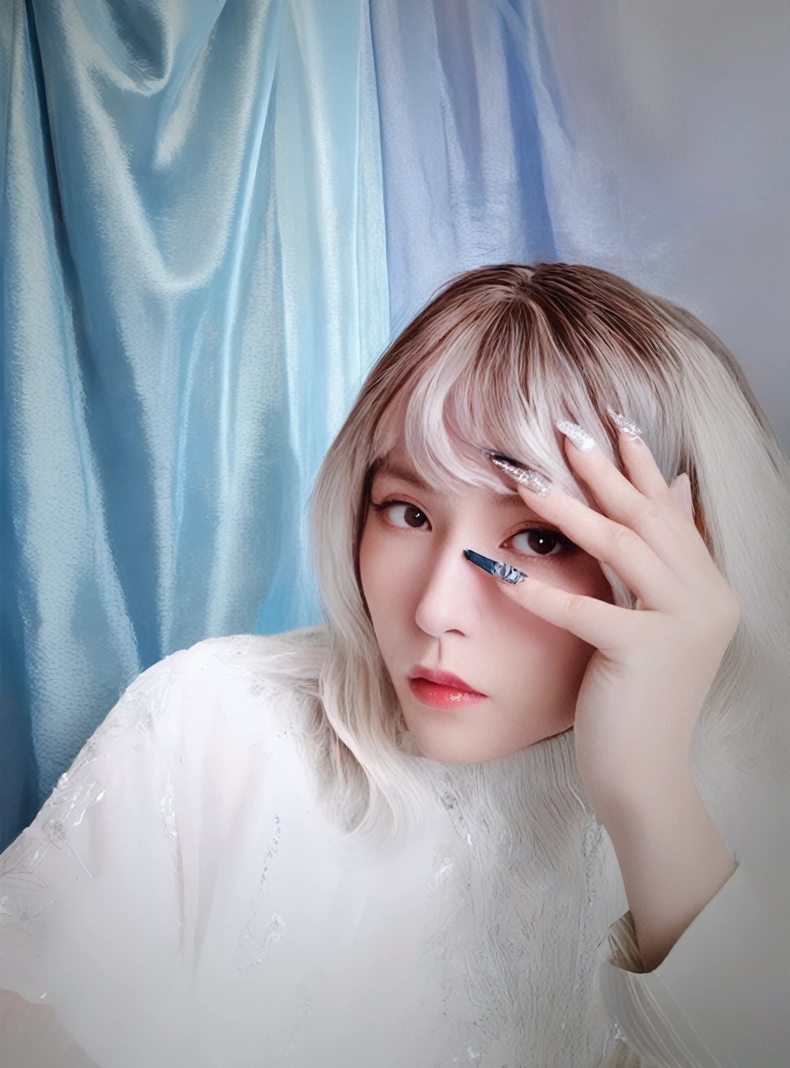 Blonde woman with white hair and blue eyes holding a cell phone., with long white hair, with long white hair, inspired by Claude Cahun, silver hair girl, white bangs, captured on canon eos r 6, inspired by Tadanori Yokoo, japanese gyaru portrait, beautiful dolphin, with the index finger, portrait of a woman as real