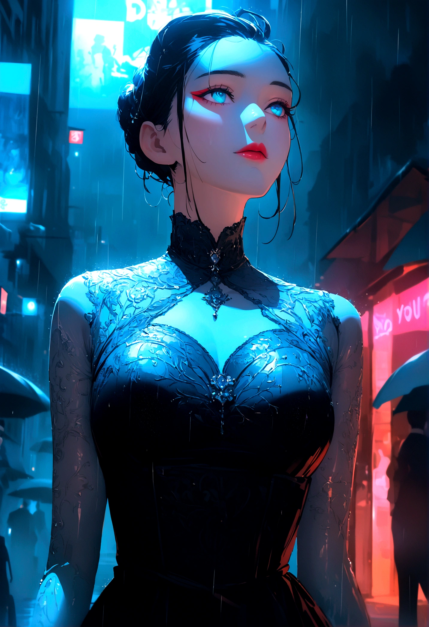 High resolution RAW color art, animation, Silver Marble Skin, (((Highly detailed elegant))), Magical atmosphere, Detailed skin, texture,(Exquisitely crafted, The finer details, Ultra-detailed art), Depth of written boundary, Silky Touch, Hyper Detail, Matte Drawing, Aquamarine Eyes, Elegant face, Neon Light, Looking to the side,Crouch down,Crouch down,Red and black dress,Knee length dresses,dior pink lips,Red eyeshadow,in the rain,In the city,8K

